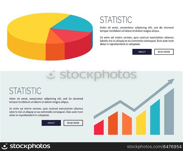 Statistic Demonstration Design for Web Page. Statistic demonstration with colorful pie chart and bar graph. Vector illustration developed for web pages with room for text and buttons