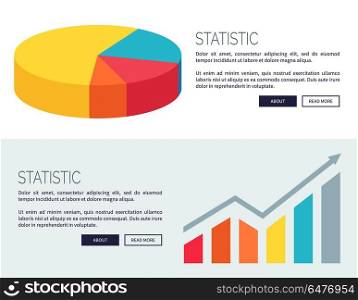 Statistic Demonstration Design for Web Page. Statistic demonstration with colorful pie chart and bar graph. Vector illustration developed for web pages with room for text and buttons