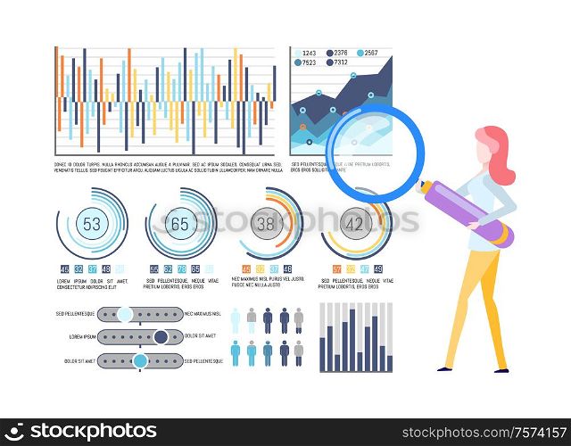 Statistical charts and graphics, business infographic vector. Percentage or flowcharts, businesswoman with magnifier, population statistics and development. Business Infographic, Statistical Graphic Charts