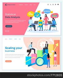 Statistical data analysis, scaling your business landing page decorated by man and woman workers using laptop, rising graph, successful team, people vector. Website or web-page template in flat style. Successful Teamwork, Analysis and Scaling Vector