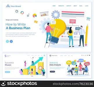 Statistical data analysis vector, business plan and success mission of businessman. Analyzing of info, conference of office workers conference. Website or webpage template, landing page flat style. Business Plan and Success Mission Statistical Data