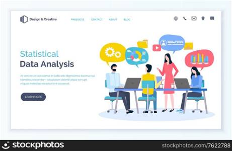 Statistical data analysis vector, people working on concept. Meeting of professionals sharing ideas and thoughts brainstorming character. Website or webpage template, landing page flat style. Statistical Data Analysis Meeting of Partners
