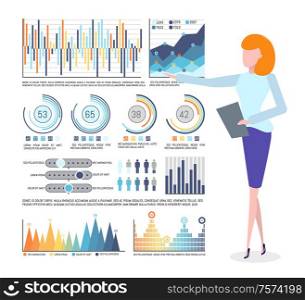 Statistical data and infographics, business graphics vector. Chart and diagram, flowchart and population statistics, businesswoman holding notepad. Infographics and Statistics, Business Graphics