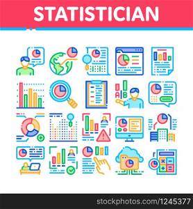 Statistician Assistant Collection Icons Set Vector. Statistician Research And Document File, Web Site On Computer Screen And Cloud Storage Concept Linear Pictograms. Color Illustrations. Statistician Assistant Collection Icons Set Vector