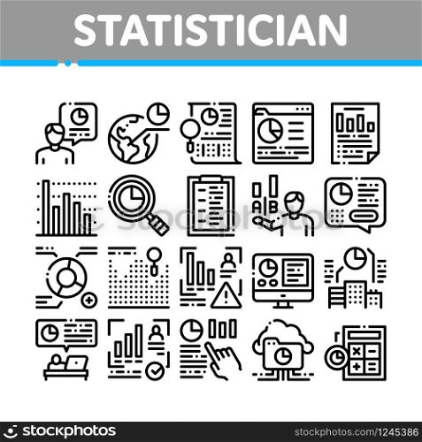 Statistician Assistant Collection Icons Set Vector. Statistician Research And Document File, Web Site On Computer Screen And Cloud Storage Concept Linear Pictograms. Monochrome Contour Illustrations. Statistician Assistant Collection Icons Set Vector