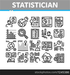 Statistician Assistant Collection Icons Set Vector. Statistician Research And Document File, Web Site On Computer Screen And Cloud Storage Concept Linear Pictograms. Monochrome Contour Illustrations. Statistician Assistant Collection Icons Set Vector