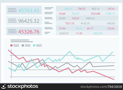 Statistics and analysis, brokers graphics or chart and index numbers vector. Statistical and analytical data, coefficients or rate and investment. Brokers graphics or chart and index numbers, statistics and analysys