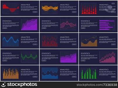 Statistics and analytics banner information charts, vector illustration isolated on dark backdrop, colorful charts set, triangles and curved lines. Statistics and Analytics Banner Information Charts