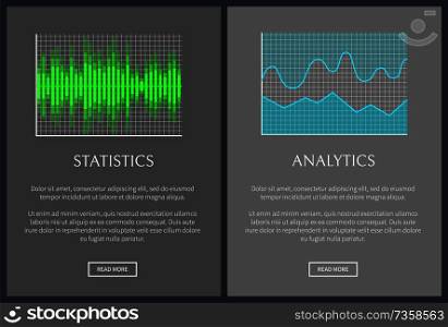 Statistics and analytics charts vector banner, illustration with green and blue analytical diagrams, text s&le and push buttons, stat graphs set. Statistics and Analytics Charts, Vector Banner