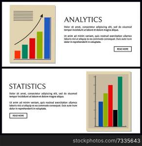 Statistics and analytics data, info graphics set, vector illustration with text s&le and push buttons, data visualization in two colorful charts. Statistics and Analytics Data, Info Graphics Set