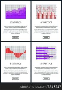 Statistics and analytics graphs of lines and bars. Visualization of statistical and analytical information in form of graphics vector illustrations.. Statistics and Analytics Graphs of Lines and Bars