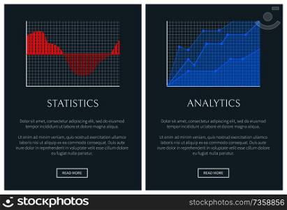 Statistics and analytics in form of diagrams set. Statistical analytical data on internet banners. Graphics on online pages vector illustrations.. Statistics and Analytics in Form of Graphics Set