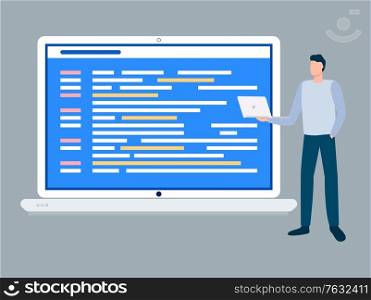 Statistics and business analysis of project results, male working on data and visualization flat style. Chief with laptop and screen showing codes. Vector illustration in flat cartoon style. Male with Laptop and Monitor Showing Stats Vector