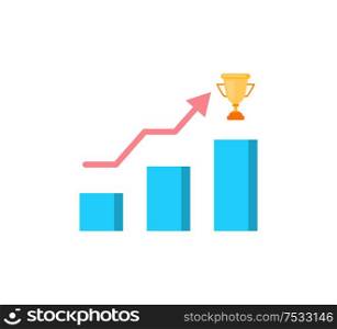 Statistics and infographics, visualization and gold prize vector. Graphic and diagram, scheme with rising arrowhead. Trophy reward successful project. Statistics and Infographics, Visualization Prize