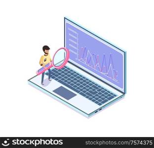 Statistics and information in visual form vector. Laptop with info of businessman with magnifying glass searching, scrutinizing results on monitor. Infographics and Charts on Laptop Screen Statistics