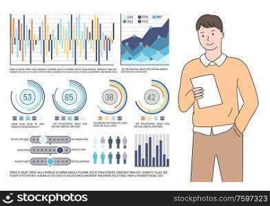 Statistics and information vector, man checking info on paper report in hands of entrepreneur, graphics and data, diagrams with numbers flat style. Man Reading Report, Documentation and Statistics