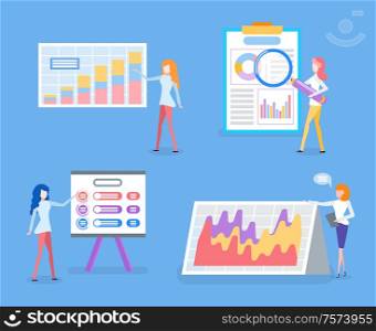 Statistics data, business graphics and diagrams, analysis vector. Charts and schemes, businesswomen or female entrepreneurs, financial growth presentation. Business Graphics and Diagrams, Statistics Data