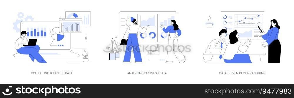 Statistics for business abstract concept vector illustration set. Collecting and analyzing business information, data-driven decision-making, data analyst, interactive board abstract metaphor.. Statistics for business abstract concept vector illustrations.