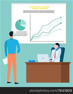 Statistics graphic, brokers company, investment rate vector. Man talking by phone at laptop, diagram and chart, analytical data, business and finance. Brokers Company Investment Rate Statistics Graphic