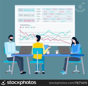 Statistics of trades on big screen and cartoon people working on laptops and discussing sales. Vector brokers collaboration and cooperation, financial traders. Statistics of Trades on Big Screen, Cartoon People