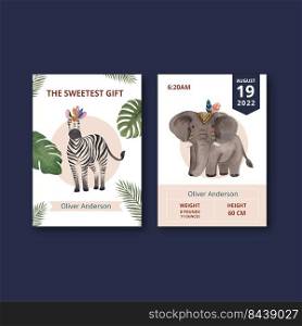 Stats baby card template with jungle tribal animal concept,watercolor style 