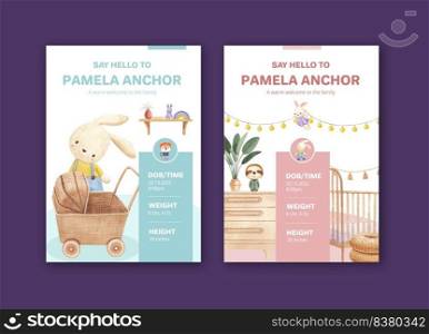 Stats card template with very peri boho nursery concept,watercolor style  
