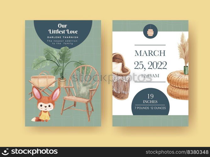 Stats card template with very peri boho nursery concept,watercolor style  