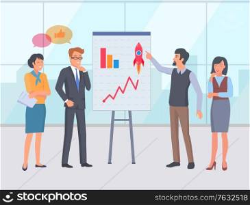 Stats on whiteboard, presentation for partners or investors. People looking at charts growing flowchart with rocket. Successful startup seminar. Vector illustration in flat cartoon style. Startup Presentation with Successful Result Vector