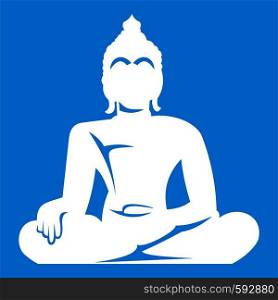 Statue of Buddha sitting in lotus pose icon white isolated on blue background vector illustration. Statue of Buddha sitting in lotus pose icon white