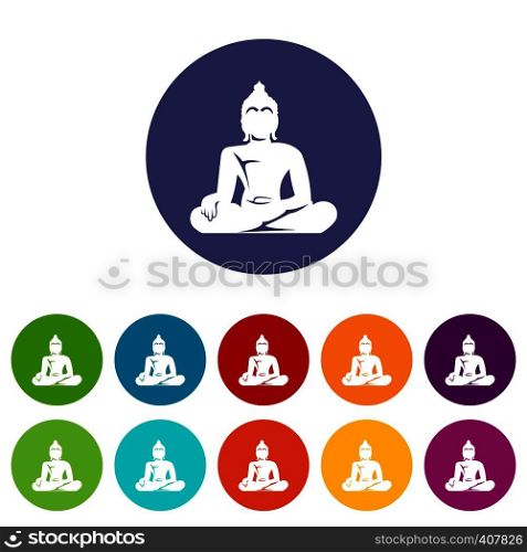 Statue of Buddha sitting in lotus pose set icons in different colors isolated on white background. Statue of Buddha sitting in lotus pose set icons