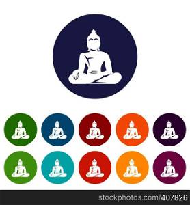 Statue of Buddha sitting in lotus pose set icons in different colors isolated on white background. Statue of Buddha sitting in lotus pose set icons