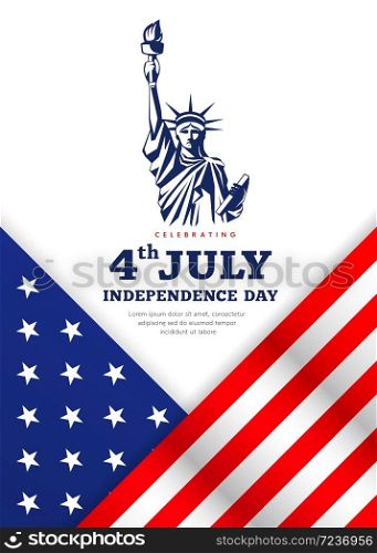 Statue of liberty, celebration flag of america independence day poster design on white background, vector illustration