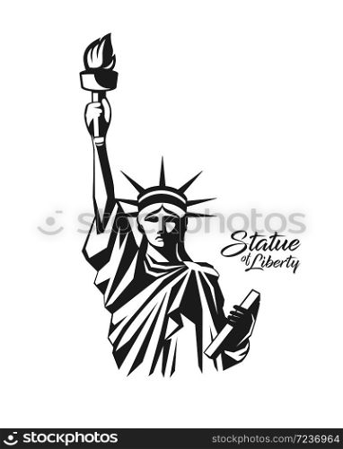 Statue of liberty from United States of america, black and white design isolated on white background, vector illustration