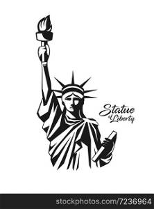 Statue of liberty from United States of america, black and white design isolated on white background, vector illustration