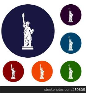 Statue of liberty icons set in flat circle reb, blue and green color for web. Statue of liberty icons set