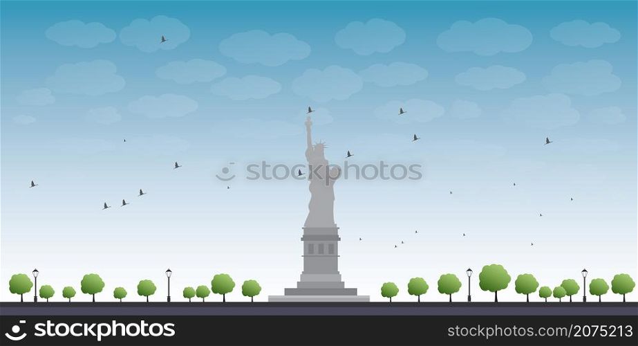 Statue of Liberty New York with Blue Sky and Tree Vector Illustration