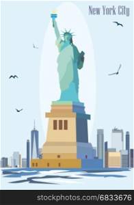 Statue of Liberty on blue background of New York. Colorful vector image