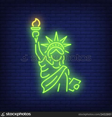 Statue of Liberty on brick background. Neon style illustration. New York, Manhattan, Independence Day. USA banner. For holiday, famous place, travel concept