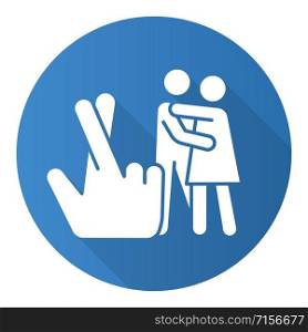 Statutory rape blue flat design long shadow glyph icon. Harassment of females. Sexual activity with minor. Protecting youth from sexual exploitation. Rape by deception. Vector silhouette illustration