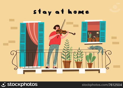 Stay at home. A girl plays the violin standing on the balcony of her house. Vector illustration.. Stay at home. Vector illustration of home activities during the quarantine period.