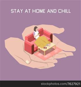 Stay at home and chill concept with indoor lifestyle symbols isometric vector illustration