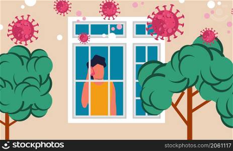Stay at home and love defence calm. Corona virus epidemic safety social quarantine. Vector illustration cartoon care character protection isolation pandemic people. Health care work covid