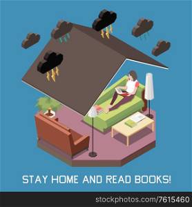 Stay at home and read books concept with house interior isometric vector illustration