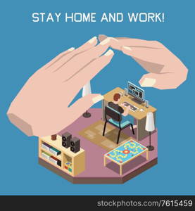 Stay at home and work concept with remote online work symbols isometric vector illustration