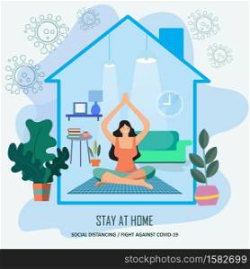 Stay at home. awareness campaign for coronavirus prevention. Adapt to activities at home as Do yoga or exercise at home. Avoid raising going to the fitness., Fight Against Covid-19,