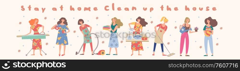 Stay at home. Clean the house. Cute girls do their homework. Girls wash Windows, vacuum, wash clothes, put clothes in the closet, wash the chandelier, wash dishes and mirror. Collection of vector elements.. Stay at home, clean up the house. Cute housewife doing the housework. Vector collection.
