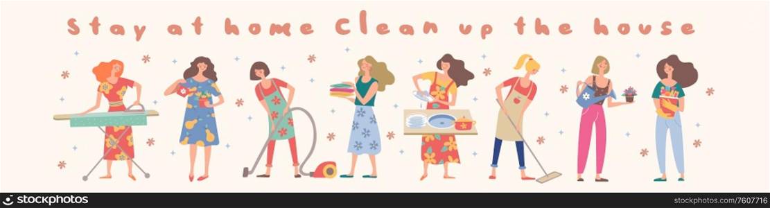 Stay at home. Clean the house. Cute girls do their homework. Girls wash Windows, vacuum, wash clothes, put clothes in the closet, wash the chandelier, wash dishes and mirror. Collection of vector elements.. Stay at home, clean up the house. Cute housewife doing the housework. Vector collection.