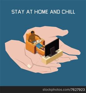 Stay at home composition with chilling and rest symbols isometric vector illustration