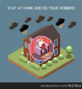 Stay at home composition with hobbies and rest symbols isometric vector illustration