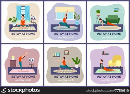 Stay at home concept series, people sitting at their apartments or rooms and going in for sports, spending time to good use. Family sitiing at home, keeping the distance. Quarantine or self-isolation. Self isolation, stay at home concept, people sitting at their apartment and going in for sports